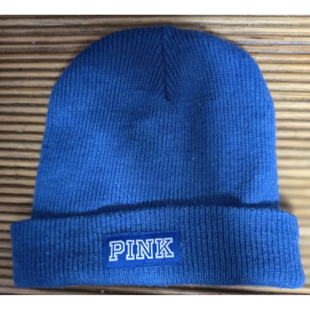 PINK Victoria's Secret Blue Ribbed Beanie Knit Hat Cap Embroidered Logo OS